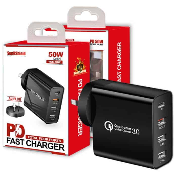 SupRShield 50W SAA Certified PD Fast Charging Charger Multi 4 Ports USB-C QC3.0 Power Wall Plug Travel Adapter SupRShield 50W SAA Certified PD Fast Charging Charger Multi 4 Ports USB-C QC3.0 Power Wall Plug Travel Adapter